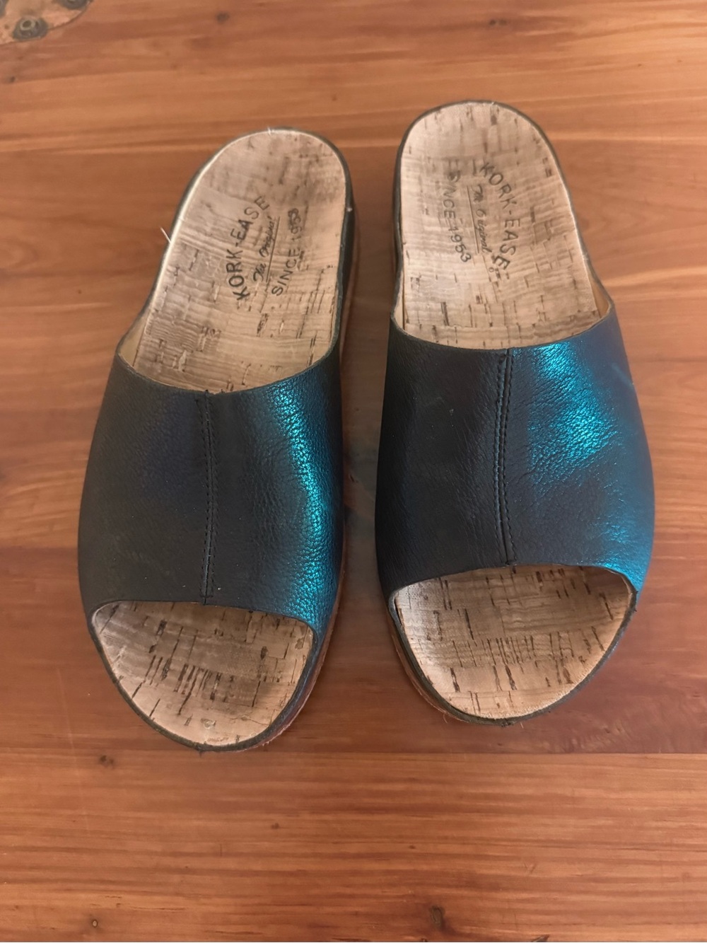 Kork-Ease Black Leather Slide Sandals, Size 7